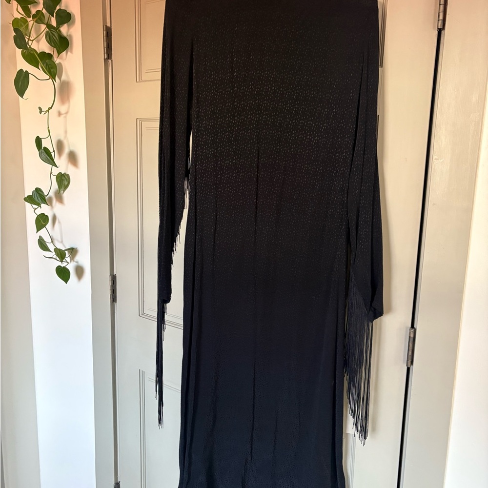 Elegant Black Long Sleeve Fringe Dress - Picture 3 of 5